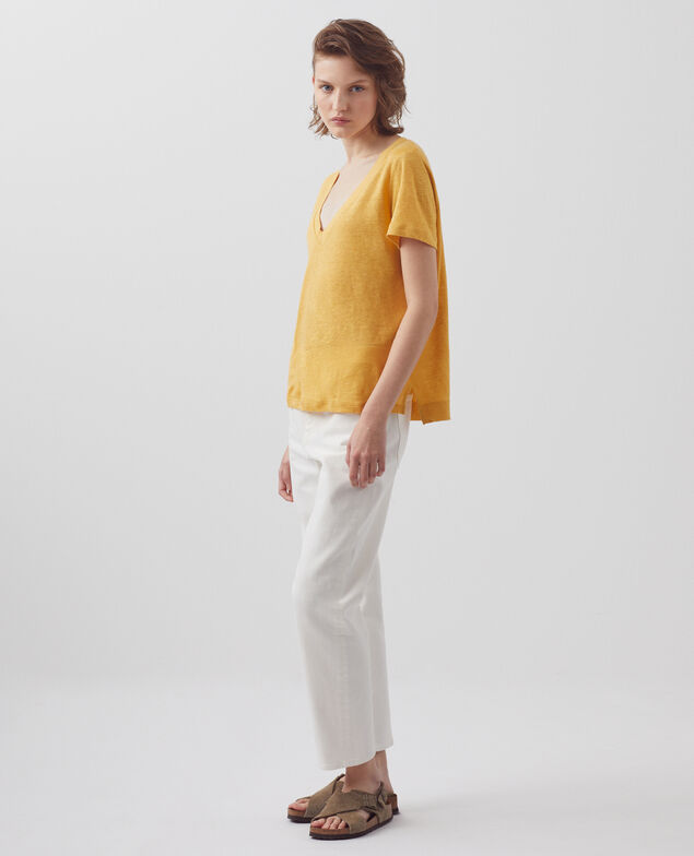SARAH - Linen V-neck t-shirt 0460 ochre yellow