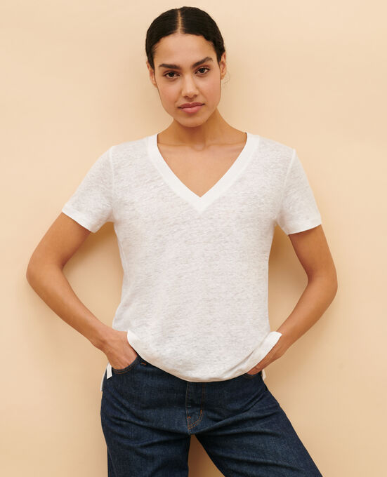 SARAH - Linen V-neck t-shirt 4235 OPTICAL WHITE