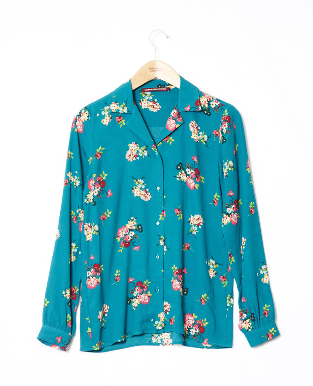 Shirt with pyjama-style collar Fleurs pacific green