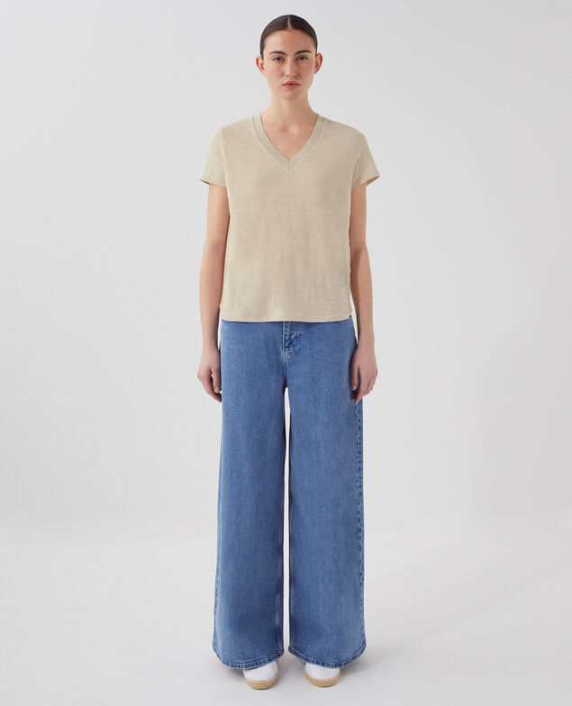 SARAH - Linen V-neck t-shirt J020 beige lining