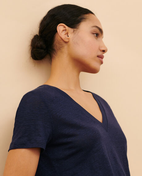SARAH - Linen V-neck t-shirt 4232 maritime blue 3ste082f05