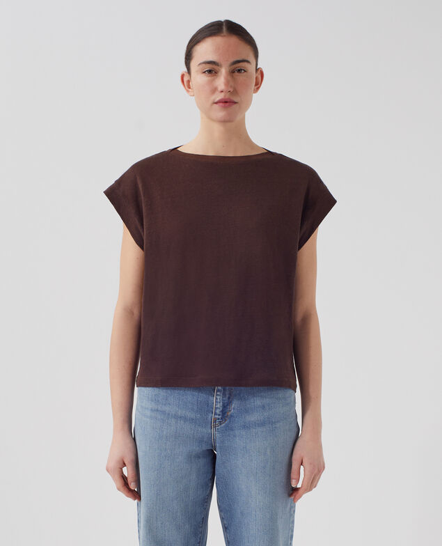 KARO - Boxy linen t-shirt J790 chocolate plum