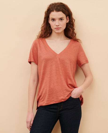 SARAH - Linen V-neck t-shirt 19 wine Locmelar