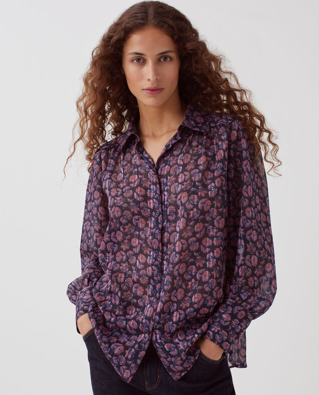 Long-sleeve silky shirt I691 indienne navy