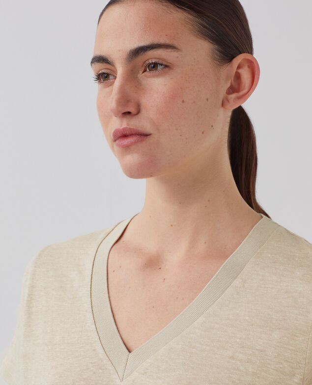 SARAH - Linen V-neck t-shirt J020 beige lining
