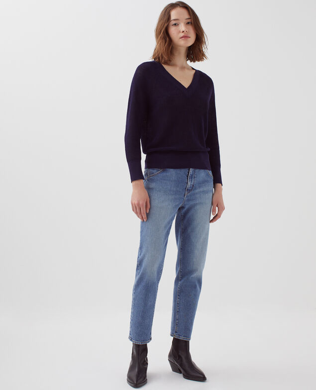 Linen V-neck jumper H694 baritone blue