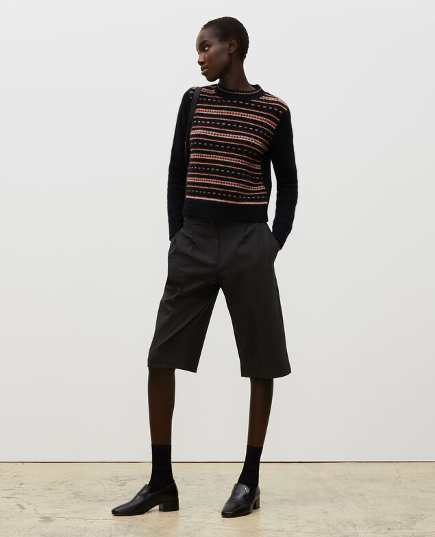 Round neck alpaca wool jacquard jumper Black brandy lighttaupe jacquard