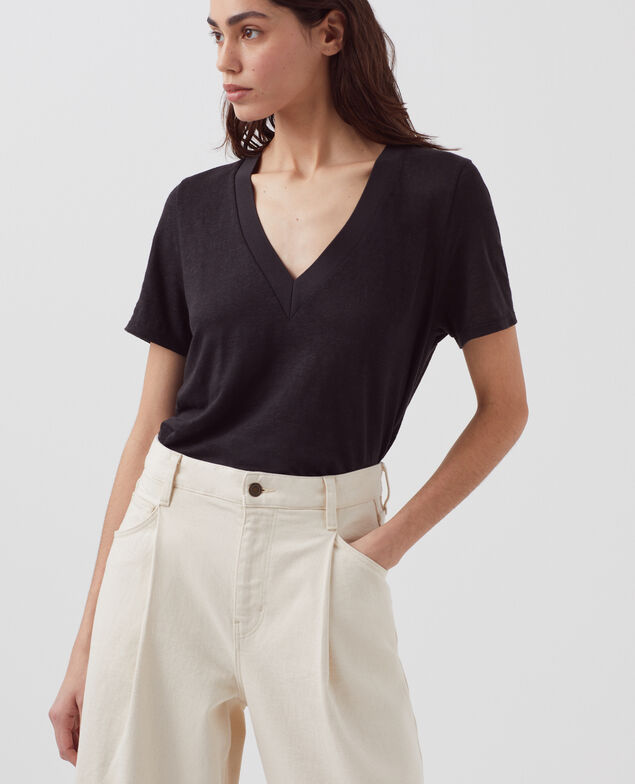 SARAH - Linen V-neck t-shirt H091 black beauty