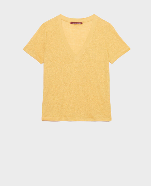 SARAH - Linen V-neck t-shirt 0460 ochre yellow