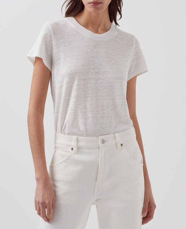 AMANDINE -  Linen round neck t-shirt H001 brillant white