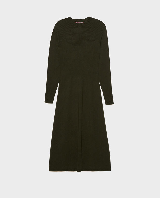 Round neck flared merino wool dress Military green