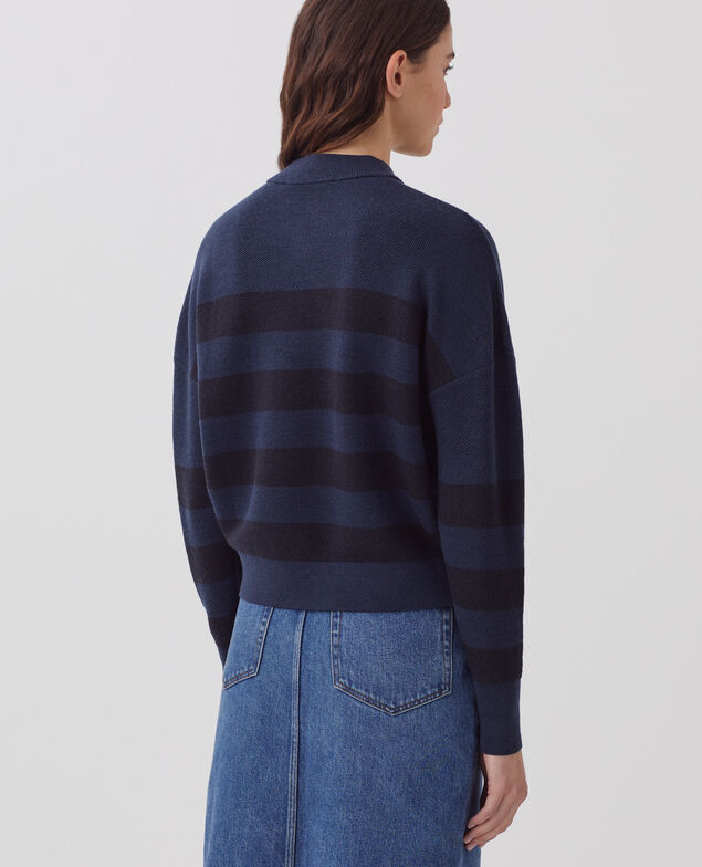 V-neck merino wool striped jumper J092 st blue black