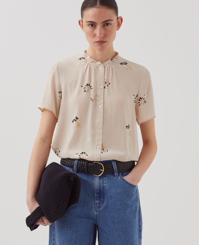 Long-sleeve silky shirt J311 fl bouquet beige