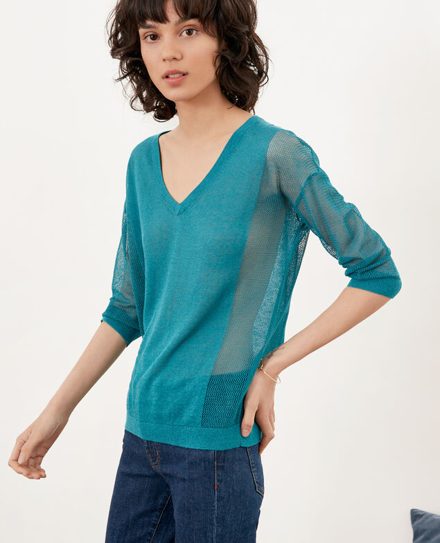 Jumper with open knit details Pacific green