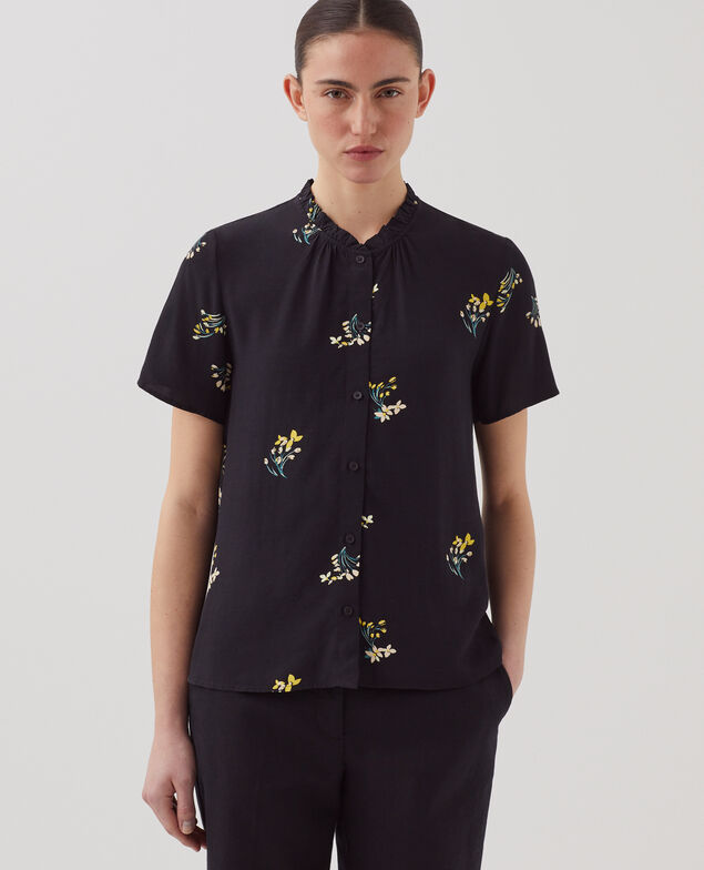 Long-sleeve silky shirt J091 fl bouquet black