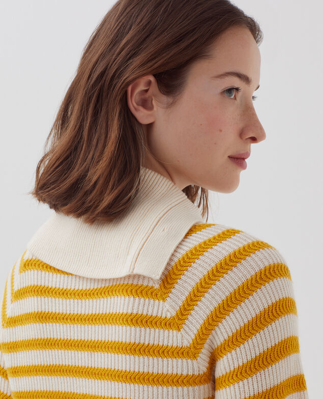 Merino wool striped jumper with button-up neck I471 st ecru yellow