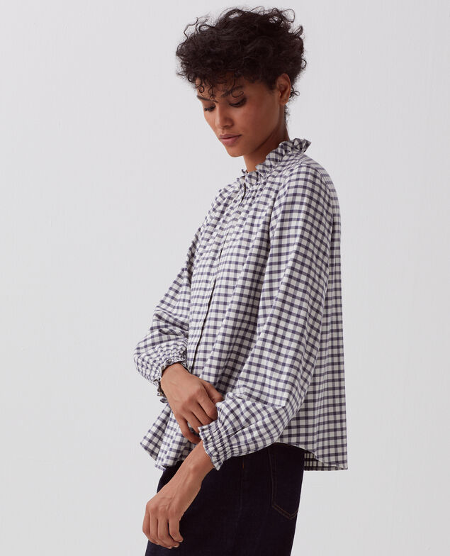 Ruffle neck blouse I072 check creme gray