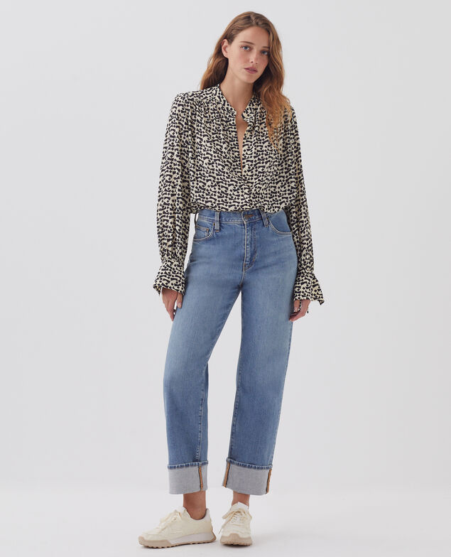 Long-sleeve silky shirt J683 geo blue