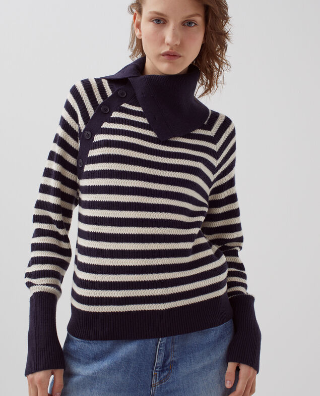 Merino wool striped jumper with button-up neck I696 st ecru navy