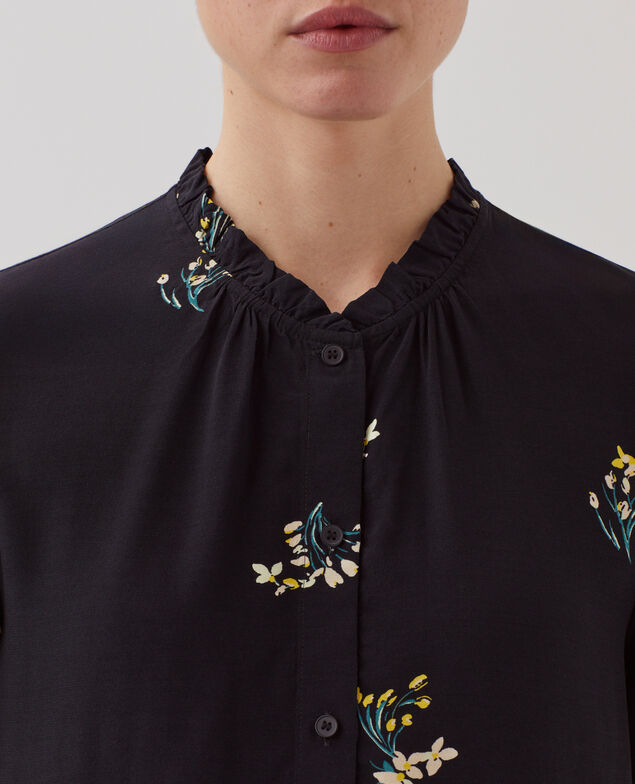 Long-sleeve silky shirt J091 fl bouquet black