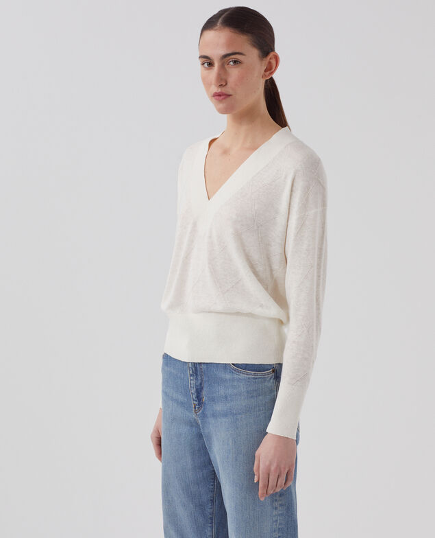 Long-sleeve V-neck jumper H013 gardenia