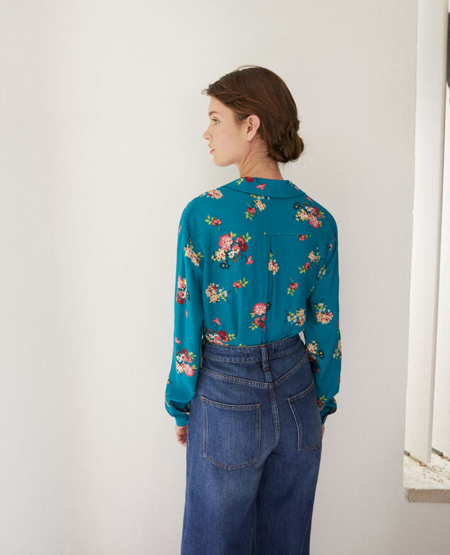 Shirt with pyjama-style collar Fleurs pacific green