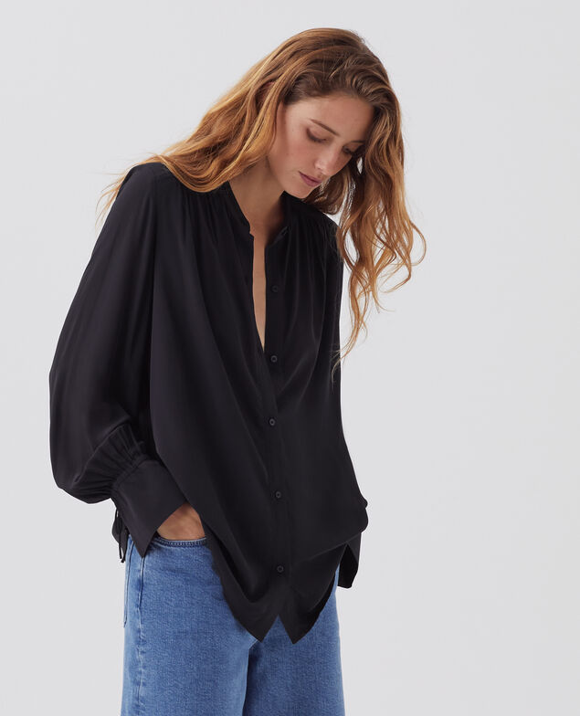 Long-sleeve silky shirt H695 night sky