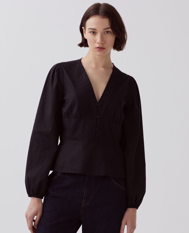 V-neck cotton blouse H091 black beauty