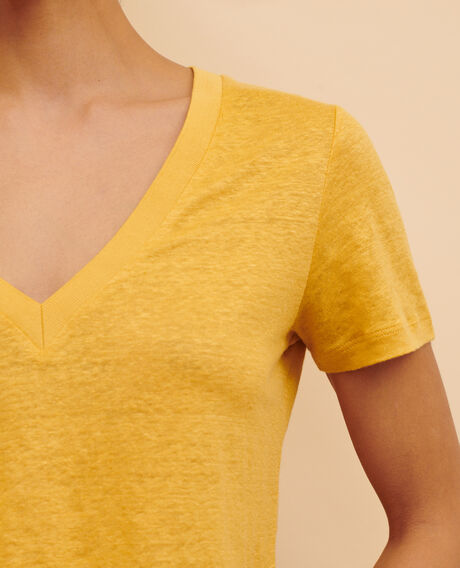 SARAH - Linen V-neck t-shirt 0460 ochre yellow 3ste082f05