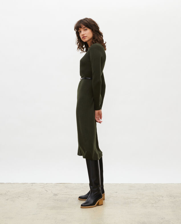 Round neck flared merino wool dress Military green