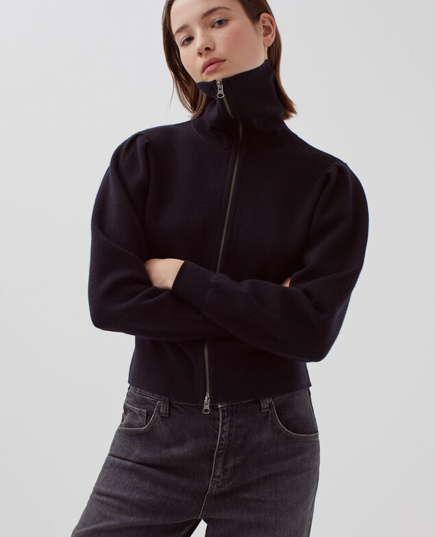 Zip-up merino wool cardigan H091 black beauty