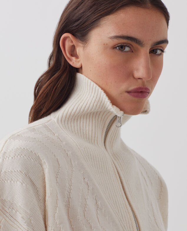 Zip-up merino wool cardigan I307 ecru