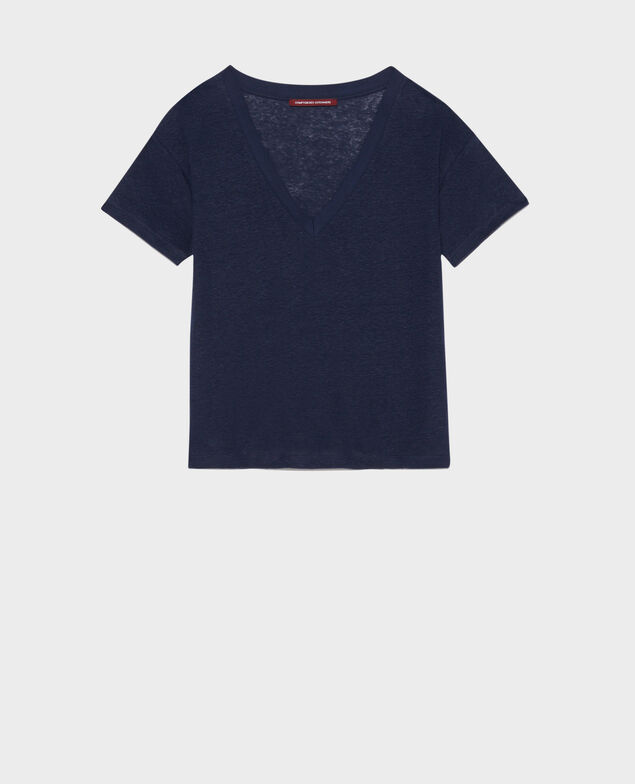 SARAH - Linen V-neck t-shirt Maritime blue