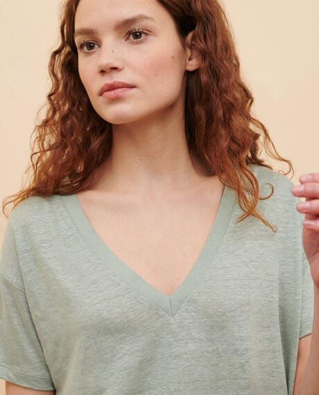 SARAH - Linen V-neck t-shirt 54 green Locmelar