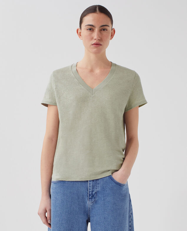 SARAH - Linen V-neck t-shirt U520 green