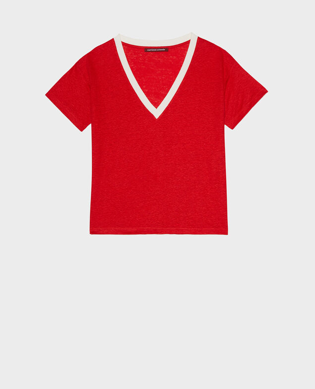 SARAH - Linen V-neck t-shirt 5039c str fieryred gardenia