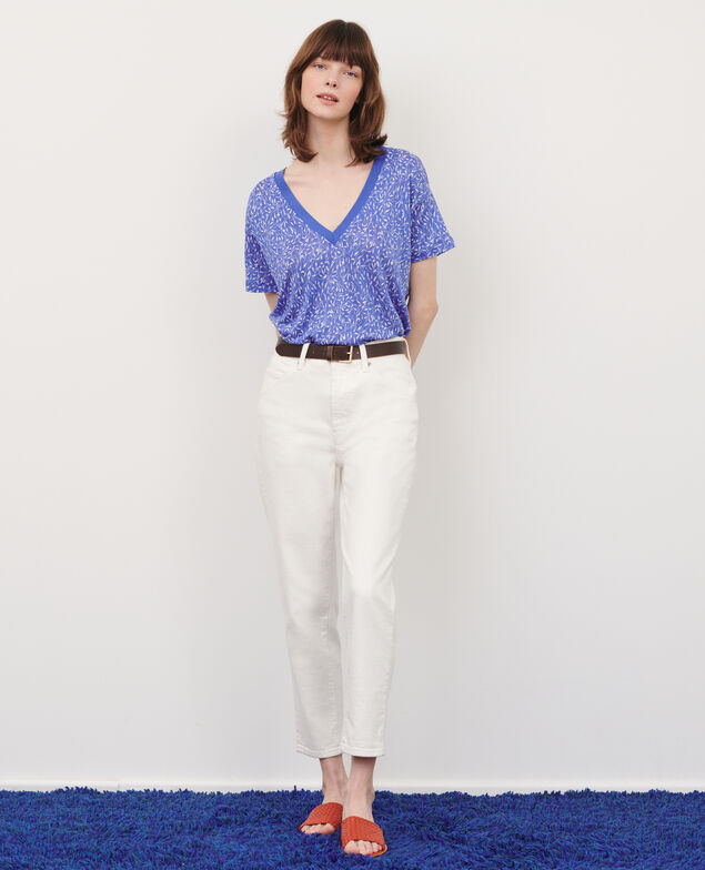 SARAH - Linen V-neck t-shirt 91 print blue
