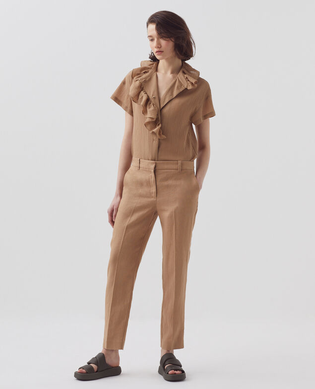 Frilly pleated cotton blouse H330 tiger's eye