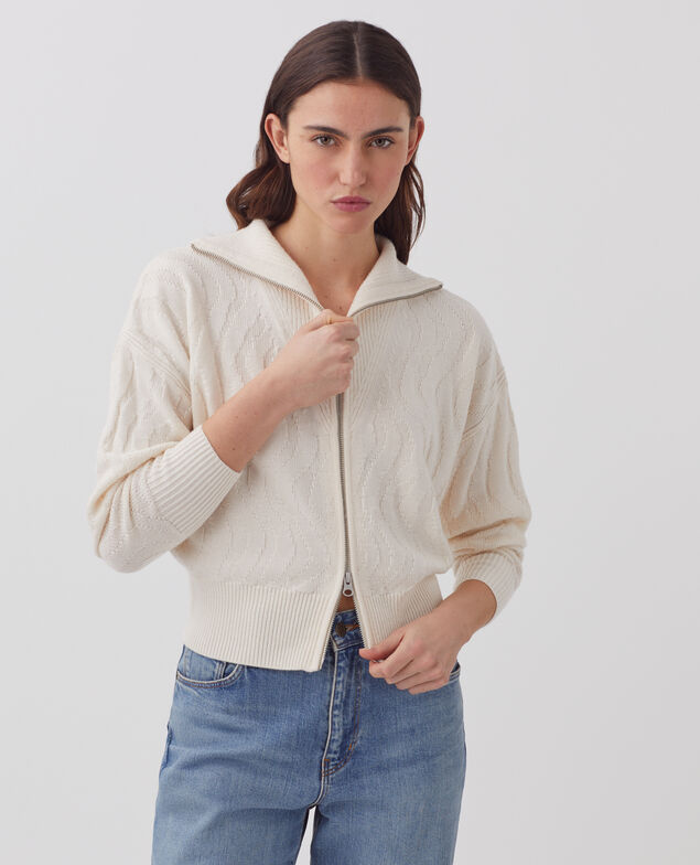 Zip-up merino wool cardigan I307 ecru