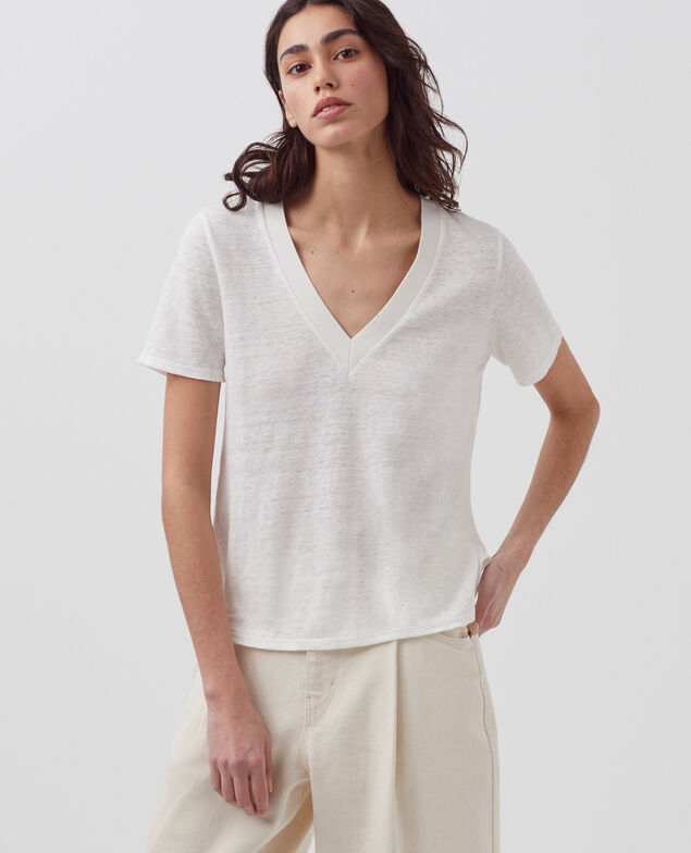 SARAH - Linen V-neck t-shirt H001 brillant white