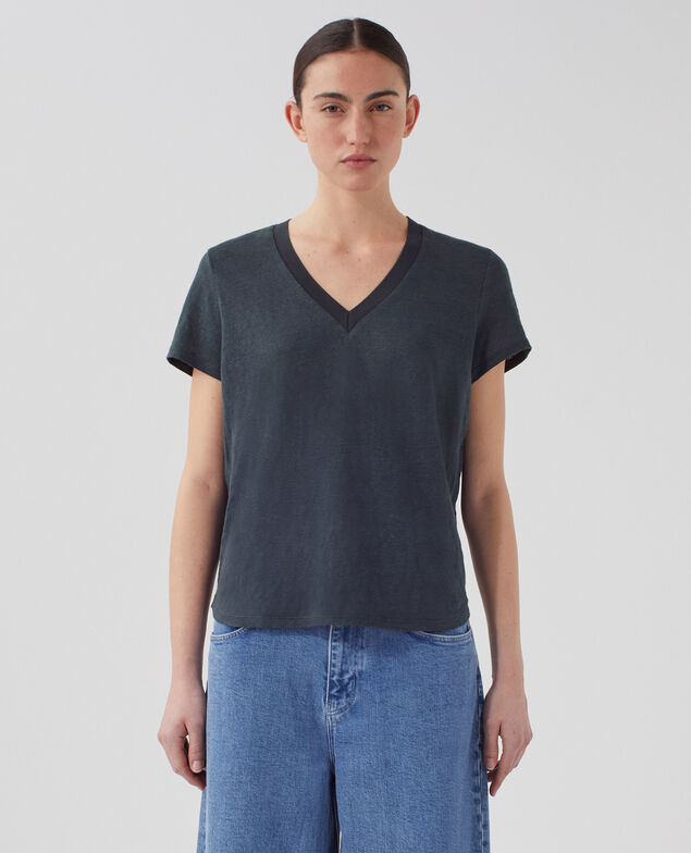 SARAH - Linen V-neck t-shirt J690 blueberry
