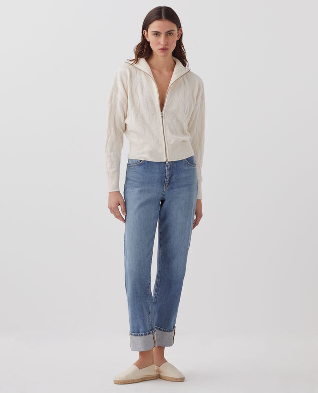 Zip-up merino wool cardigan I307 ecru