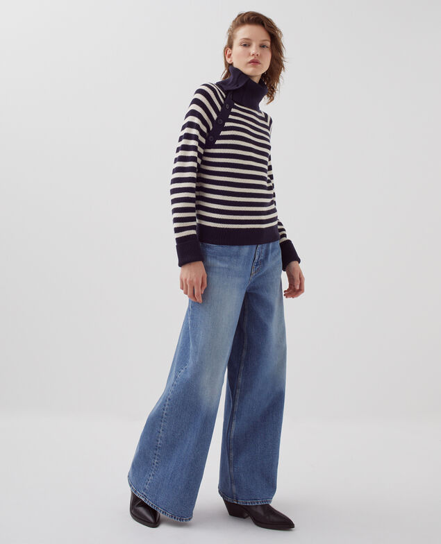 Merino wool striped jumper with button-up neck I696 st ecru navy
