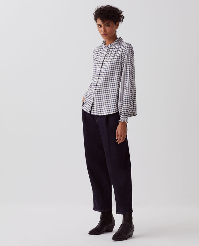 Ruffle neck blouse I072 check creme gray