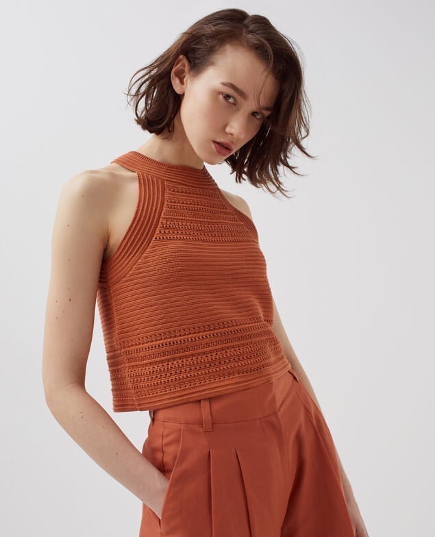 Cotton crochet tank top H350 amber brown