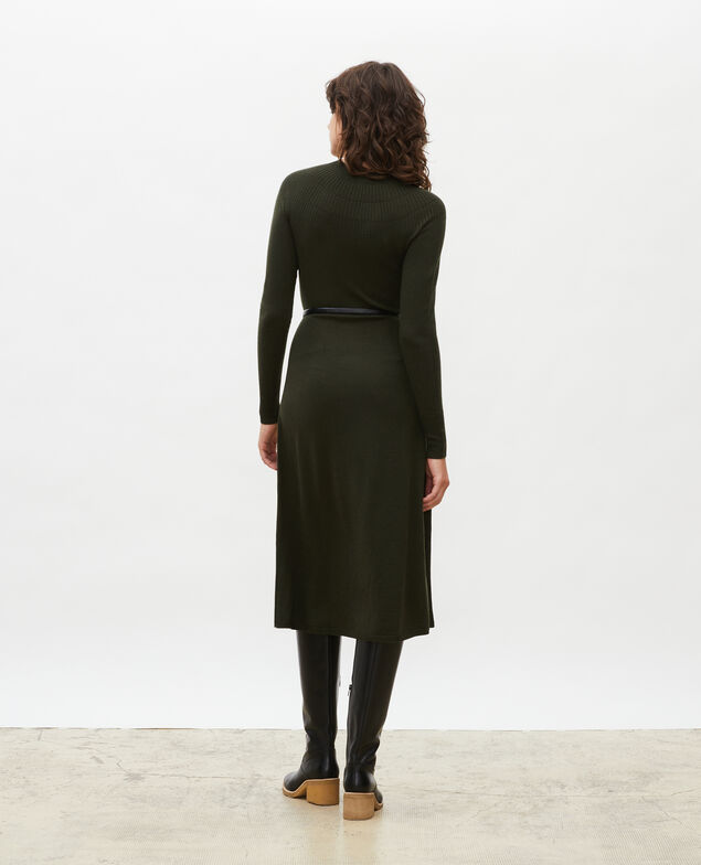 Round neck flared merino wool dress Military green