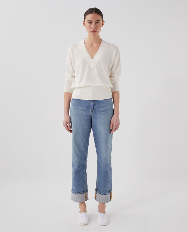Long-sleeve V-neck jumper H013 gardenia