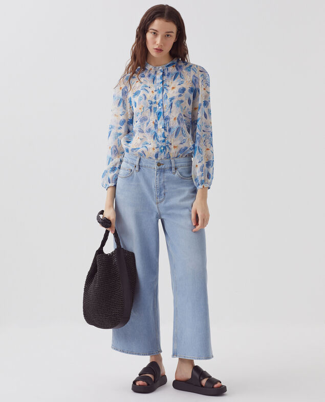 Long-sleeve silky blouse H600 window blue