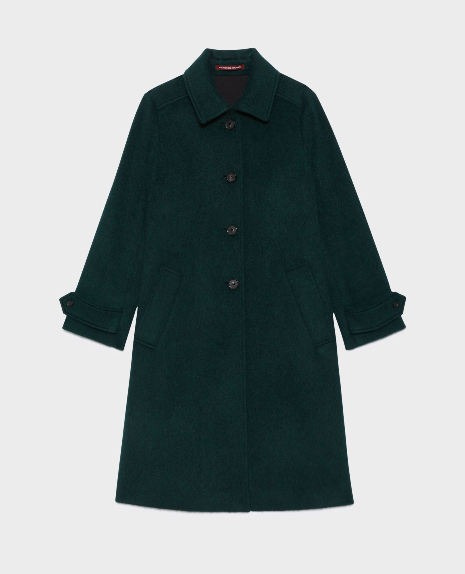 Straight coat in textured wool darkgreen - Comptoir des