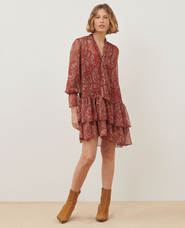 Silky mini dress A182 print ikat wine
